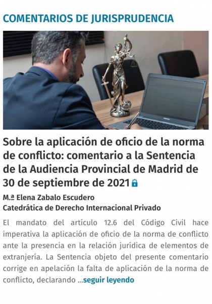 “Sobre la aplicación de oficio de la norma de conflicto: comentario a la Sentencia de la Audiencia Provincial de Madrid de 30 de septiembre de 2021” por Mª Elena Zabalo Escudero